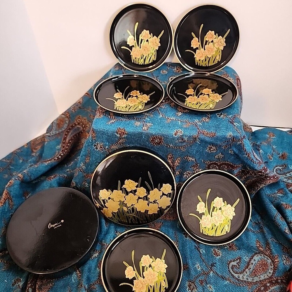 Vtg Japan Otagiri Golden Daffodils Black Lacquer Set 6 Coasters And Holder MCM